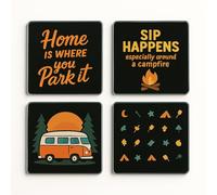 Acrylic Coaster Gift Set of 4 with Campervan & Camping Designs - Fun Drinkware for Caravan Lovers & Adventurers
