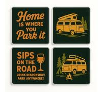 Acrylic Coaster Gift Set of 4 with Campervan Quotes - Nomads Charm Drinkware for Camping Lovers