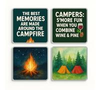Acrylic Coaster Gift Set of 4 with Campfire Whimsy Design - Fun Camping Quotes & Watercolours for Outdoor Enthusiasts
