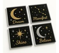 Acrylic Coaster Gift Set of 4 with Celestial Motif - Cosmic Affirmations Home Decor for Friend Birthday Present