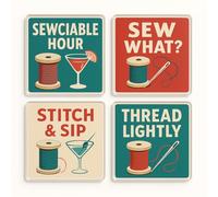 Acrylic Coaster Gift Set of 4 with Cheeky Sewing Puns - Retro 1950s Chic Home Decor for Sewing Enthusiasts