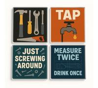 Acrylic Coaster Gift Set of 4 with DIY Tool Designs - Man Cave Decor for Craft Enthusiast or Grandad Gift
