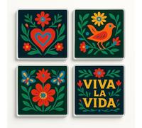 Acrylic Coaster Gift Set of 4 with Frida Kahlo Botanical Art - Vibrant Home Decor for Art Lover Celebrations