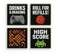 Acrylic Coaster Gift Set of 4 with Gaming Theme - Pixel Potion Play for Man Cave Decor or Gamer Gift