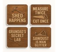 Acrylic Coaster Gift Set of 4 with Humorous Tool Designs - Rustic Shed Wisdom Drinkware for Grandad's Man Cave Decor