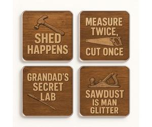 Acrylic Coaster Gift Set of 4 with Humorous Tool Designs - Rustic Shed Wisdom Drinkware for Grandad's Man Cave Decor