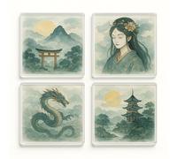 Acrylic Coaster Gift Set of 4 with Mystical Japan Design - Mythic Waters Zen Home Decor for Tranquil Living