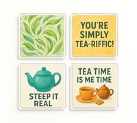 Acrylic Coaster Gift Set of 4 with Playful Tea Puns - Whimsical Tea Art for Tea Lover Kitchen Decor
