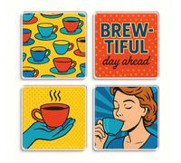 Acrylic Coaster Gift Set of 4 with Pop Art Tea Designs - Vibrant Kitchen Decor for Tea Lovers