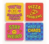 Acrylic Coaster Gift Set of 4 with Quirky Teen Doodles - Vibrant Sunny Chaos Vibes for Friendship Celebrations