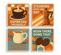 Acrylic Coaster Gift Set of 4 with Retro Cafe Nostalgia Design - Playful Beverage Motifs for Kitchen Decor Enthusiasts