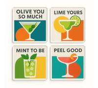 Acrylic Coaster Gift Set of 4 with Retro Cocktail Motifs - Mid-Century Home Decor for Design Lovers and Millennial Entertaining