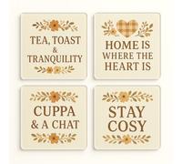 Acrylic Coaster Gift Set of 4 with Rustic Floral and Gingham Accents - Warmth & Whimsy Home Decor for Tea Lovers