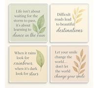 Acrylic Coaster Gift Set of 4 with Serenity Palette Gift for Friend - Tranquil Watercolour Leaf and Motivational Quotes for Mindful Home Decor