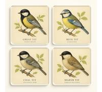 Acrylic Coaster Gift Set of 4 with Vintage Bird Illustrations - Fun Pun Coasters Garden Chirps Home Decor for Bird Watchers