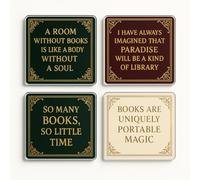 Acrylic Coaster Gift Set of 4 with Vintage Library Design - Literary Haven Reading Decor for Book Lover's Home