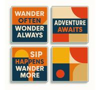 Acrylic Coaster Gift Set of 4 with Wanderlust Patterns - Bauhaus Travel Theme Home Decor for Adventure Lovers