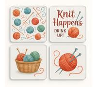 Acrylic Coaster Gift Set of 4 with Watercolour Knitting Design - Knit & Sip Bliss for Craft Enthusiasts & Home Decor