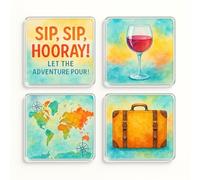 Acrylic Coaster Gift Set of 4 with Watercolour Wanderlust Design - Vibrant Travel Drinkware for Adventure Lovers' Decor