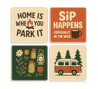 Acrylic Coaster Gift Set of 4 with Whimsical Camping Charm - Nostalgic Campervan Quotes for Outdoor Enthusiasts