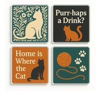 Acrylic Coaster Gift Set of 4 with Whimsical Cat Designs - Catnip Mosaic Home Decor for Cat Lovers