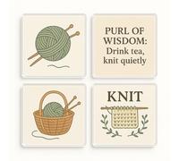 Acrylic Coaster Gift Set of 4 with Whimsical Knitting Designs - Cottagecore Charm Decor for Knitters & Crafters