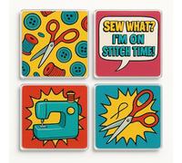 Acrylic Coaster Pack of 4 with Vibrant Pop Art Sewing Design - Retro Craft Room Decor for Home Enthusiasts