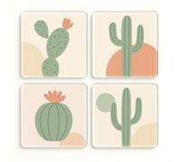 Acrylic Coaster Set of 4 with Botanical Cactus Art - Mid-Century Modern Home Decor for Plant Lovers