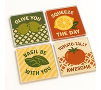 Acrylic Coaster Set of 4 with Retro Mediterranean Design - Stylish Food Lover Gift for Kitchen Decor Enthusiasts