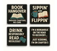 Acrylic Coaster Set of 4 with Whimsical Book Lover Designs - Literary Vibes Collection for Reading Enthusiasts & Home Decor