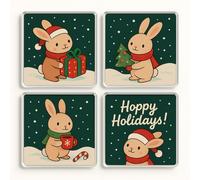 Acrylic Coaster Set of 4 with Whimsical Winter Bun Design - Festive Christmas Home Decor for Rabbit Lovers