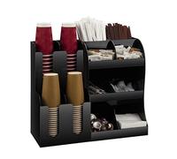 Acrylic Coffee Condiment Organizer with 4 Cup Holders, 12-Compartment Sugar Packet Station for Office Desk, Kitchen Counter, Tea Supplies Rack, Space Saving Design, Black