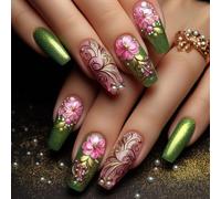 Acrylic Coffin Press On Nails 24Pcs False Nails With Floral Designs Glossy Stick On Nails For Parties And Daily Wear