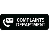 Acrylic Complaints Department Sign - with Symbols for Fine Dining Restaurant Service Desks, Luxury Hotel Guest Relations Areas, and Public Service Bureau Reception Zones, 3x9 Inch.