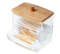 Acrylic Cotton Ball Holder with Bamboo Lid,Vanity Cotton Wool Bud Jar Cotton Swab Dispenser Round and Square Cotton Swabs Storage Box Container Cosmetics Organiser for Bathroom Guest Room Counter (A)