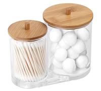 Acrylic Cotton Ball Holder with Bamboo Lid,Vanity Cotton Wool Bud Jar Cotton Swab Dispenser Round and Square Cotton Swabs Storage Box Container Cosmetics Organiser for Bathroom Guest Room Counter (C)