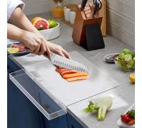 Acrylic Cutting Board with Waste Container and Counter Lip,17x13 Inch Large Clear Chopping Board for Kitchen Countertop Non-Slip - Ideal for Cutting Vegetables, Fruits, Meat, and Bread