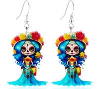 Acrylic Day of the Dead Undead Doll Dangle Earrings - Colorful Floral Crown Design, Lightweight Halloween Cosplay Jewelry for Women, Perfect for Costume Parties & Spooky Themes
