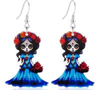 Acrylic Day of the Dead Undead Doll Dangle Earrings - Floral Crown & Rose Design, Lightweight Halloween Cosplay Jewelry for Women, Ideal for Costume Parties & Spooky Themes