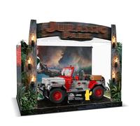 Acrylic Display Case Compatible with Lego Jurassic Park Jeep Wrangler 77984, USB-Powered LED Lights Dustproof Transparent HD Backdrop Display Box (No Model Included)