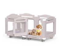 Acrylic Dog Playpen, Indoor Whelping Box with Pet Stroller, Puppy Playpen for Small Medium Pets, Cat Rabbit & Puppies, 6-Panel with Bottom Panel, 8 Wheels, Safe, Sturdy, Apricot Gray