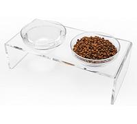 Acrylic Elevated Dog Cat Bowls Pet Feeder Double Bowl Raised Stand Comes with 2 Removable Glass Bowls and 2 Stainless Steel Bowls.Perfect for Medium Dogs, 5.5" Tall