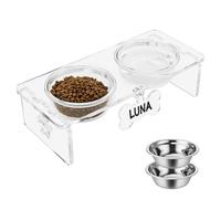 Acrylic Elevated Pet Feeder Stand with 2 Thick 5.8" Glass & 2 Stainless Steel Bowls - Raised Dish Set for Cats Small Dogs 4.5" Height, Dog Food Bowls Free Customizable Name Tag
