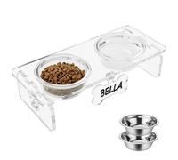 Acrylic Elevated Pet Feeder Stand with 2 Thick 5" Glass & 2 Stainless Steel Bowls - Raised Dish Set for Cats Puppy Small Dogs 3.75" Height, Dog Food Bowls Free Customizable Name Tag
