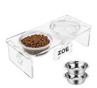Acrylic Elevated Pet Feeder Stand with 2 Thick 6.8" Glass & 2 Stainless Steel Bowls - Raised Dish Set for Medium Dogs 5.5" Height, Dog Food Bowls Free Customizable Name Tag