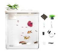 Acrylic Fish Tank - 22.5x15x28cm, Transparent Acrylic, Clear | High-Definition Trans Small Aquarium With Air Pump And Atmosphere Light, Artificial Flowers For Betta, Shrimp, Nano Fish, Easy To Clean
