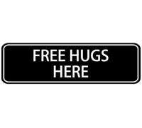 Acrylic Free Hugs Here Sign, Strong Adhesive Acrylic Plaque for Door_Offices_Businesses_House_Home_Outdoor, White on Black, 3x9 inch.