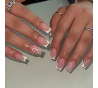 Acrylic French Tip Press-On Nails with White Bow Accent - 24PCS Medium Square False Nails in 12 Sizes, Reusable with Accessory Tool, Elegant DIY Manicure for Women & Girls (White Bow)