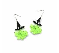 Acrylic Frog with Witch Hat Drop Earrings, Glow-in-the-Dark Dangle Earrings with Black Glitter Accents, Lightweight Fashion Jewelry for Women, Trendy Statement Accessory (Green)