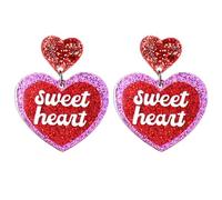 Acrylic Glitter Love Heart Dangle Earrings for Women Lightweight Resin Hot Pink Double Hearts Drop Earrings Valentine's Day Couple Jewelry Gift, Zinc, No Gemstone